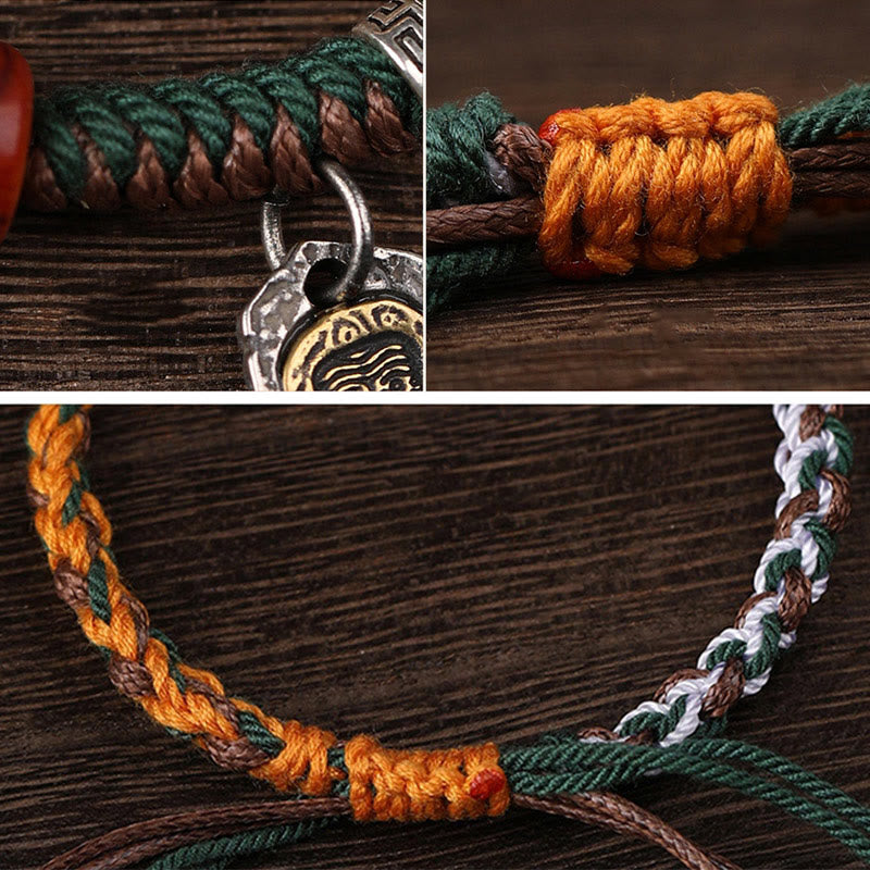 Handmade Tibetan Silver 925 Sterling Silver Zakiram Goddess of Wealth Camel Bone Protection Braided Bracelet