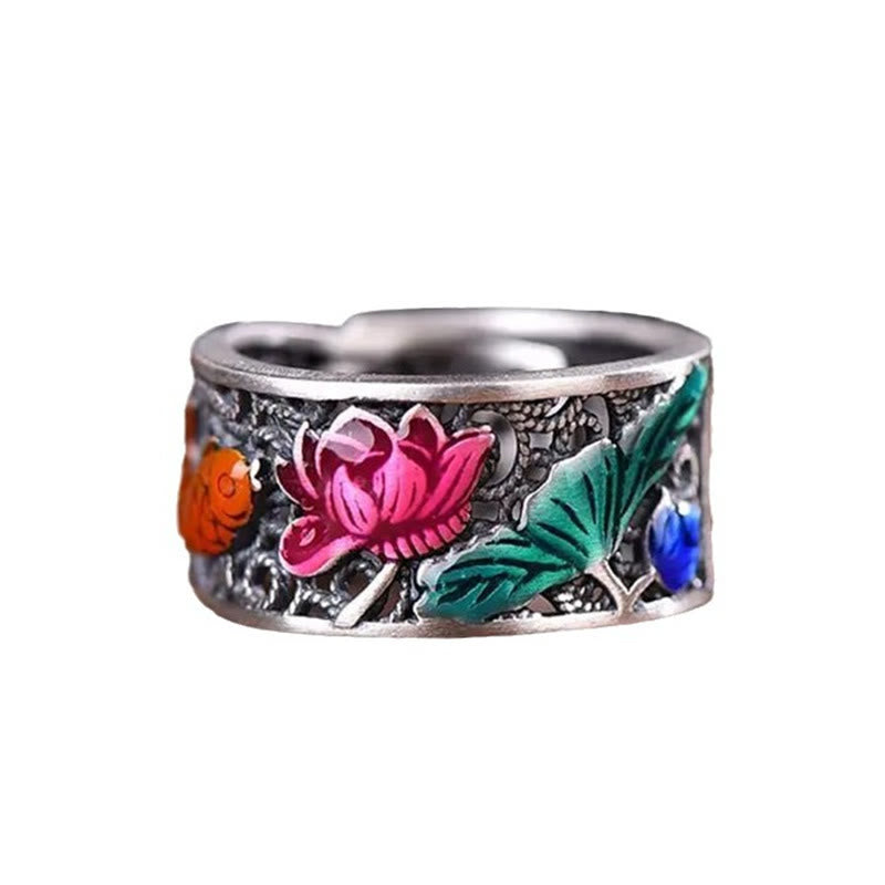 Copper Blue Enamel Lotus Heart Sutra Koi Fish Luck Ring