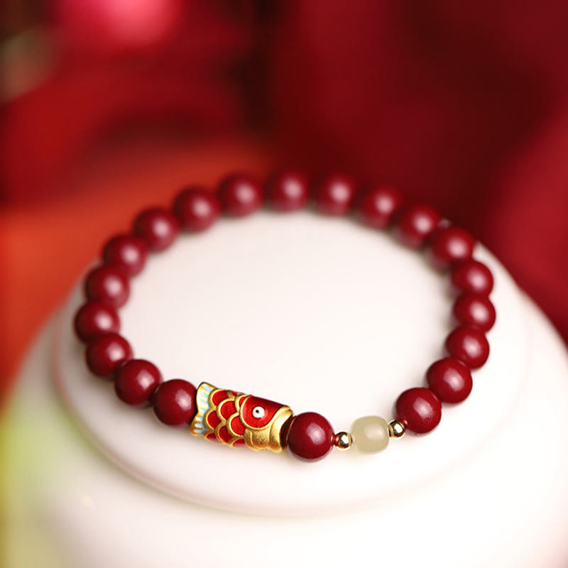 Natural Cinnabar & Hetian Jade Bead Bracelet with Koi Fish Symbol