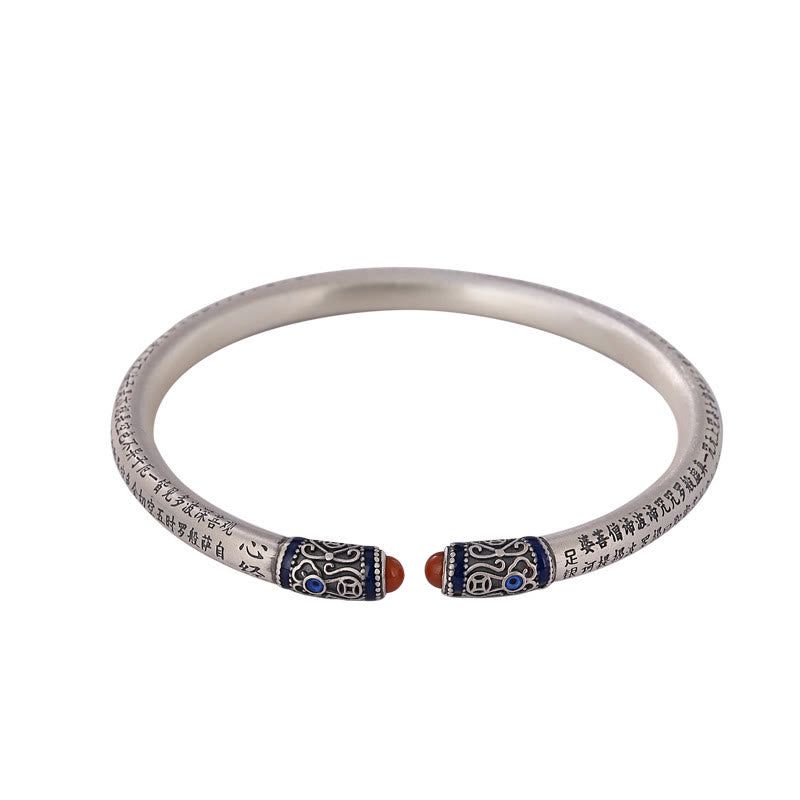 999 Sterling Silver Heart Sutra Engraved Red Agate Protection Bracelet Bangle