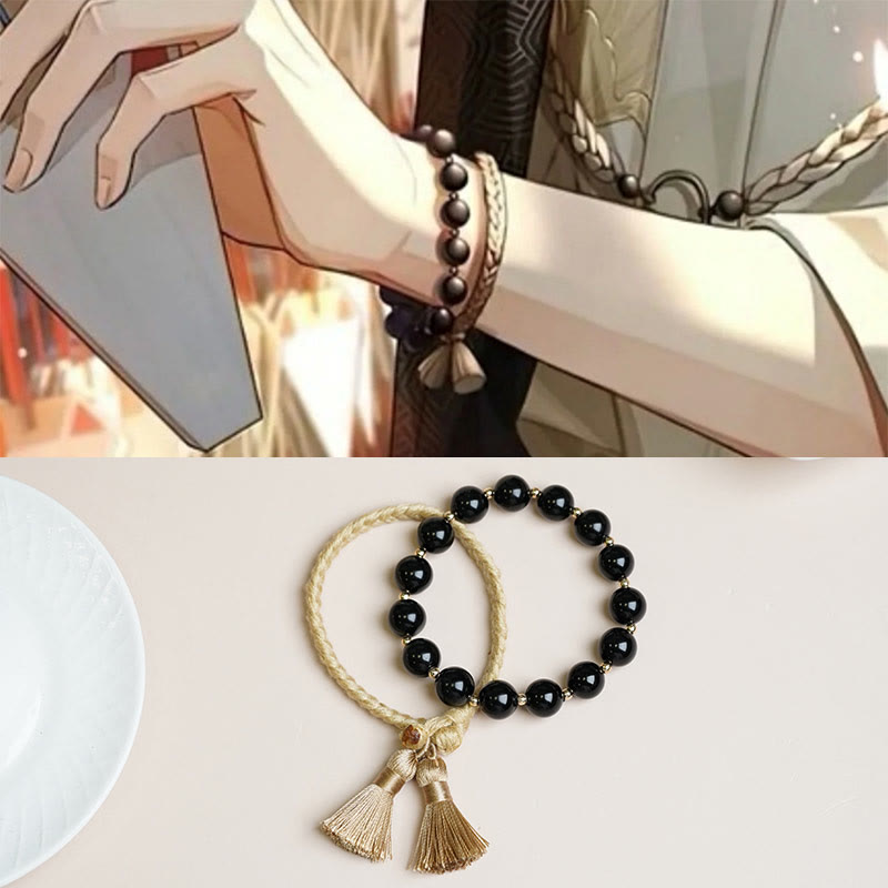 Minimalist Black Onyx Bead Bracelet Set for Grounding - 2 Pieces