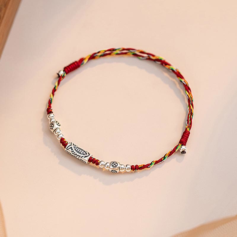 Braided Red String & 925 Sterling Silver Koi Fish Adjustable Bracelet Anklet
