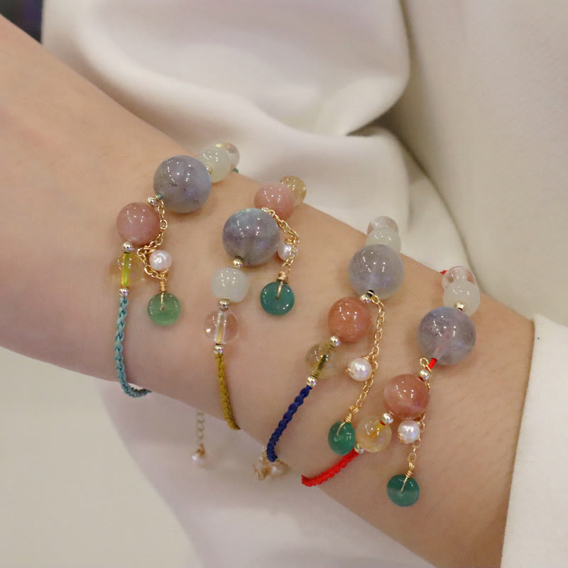 Multi-Gemstone Rope Bracelet with Moonstone, Sunstone, Hetian Jade & Ping An Kou Charm