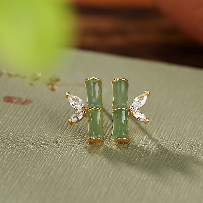 Gold Plated 925 Sterling Silver Bamboo Pattern Jade and Agate Stud Earrings
