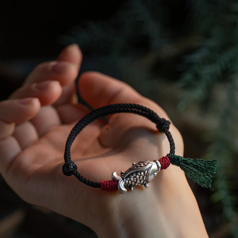 925 Sterling Silver Koi Fish & Yin Yang Braided Cord Bracelet