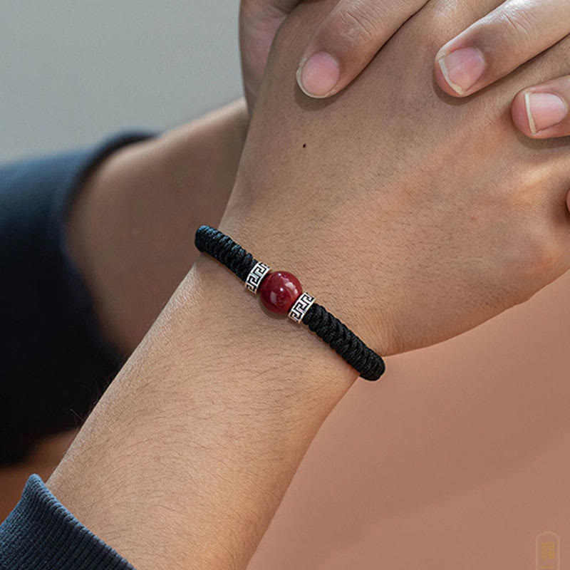 Handmade 925 Sterling Silver and Natural Cinnabar Braided Red String Bracelet