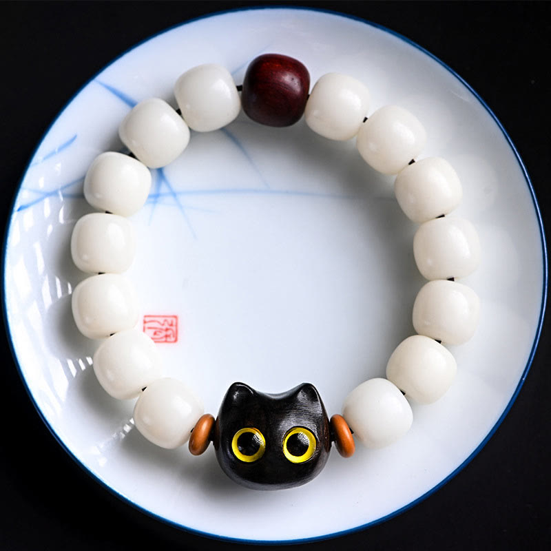 Natural Bodhi Seed Small Leaf Red Sandalwood Ebony Wood Cute Lucky Cat Wisdom Bracelet