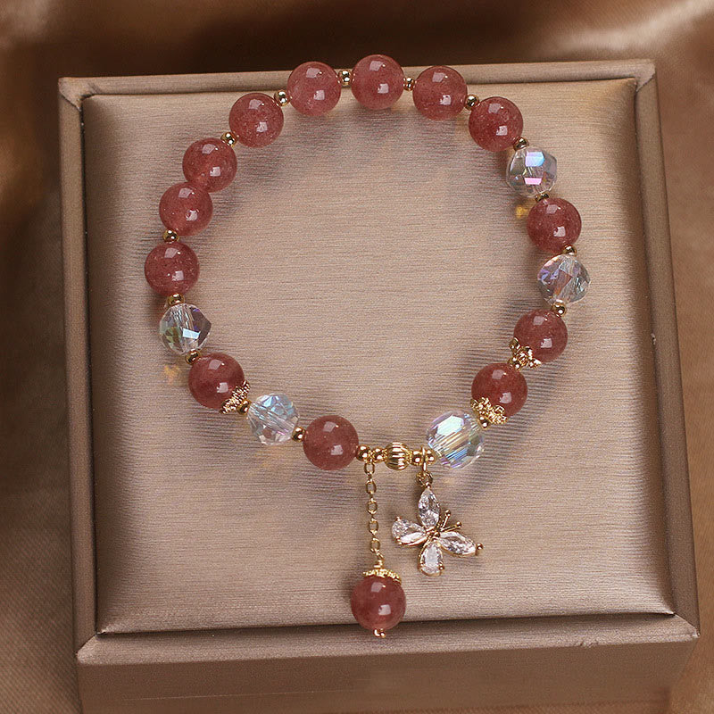 Natural Strawberry Quartz Love Healing Butterfly Charm Bracelet