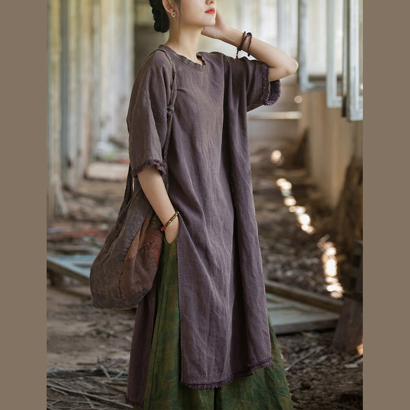 Mid Length Dress Ramie Linen Half Sleeve Split Hem Top T-Shirt