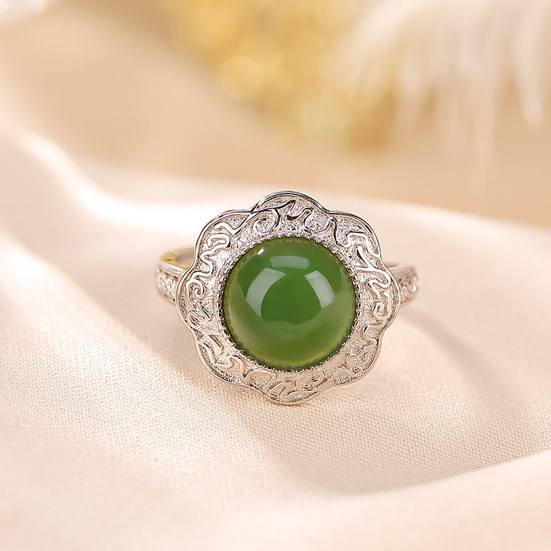 925 Sterling Silver Hetian Cyan Jade Flower Design Adjustable Ring