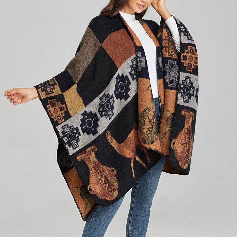 Tibetan Shawl Deer Vase Geometric Shapes Winter Cozy Travel Scarf Wrap