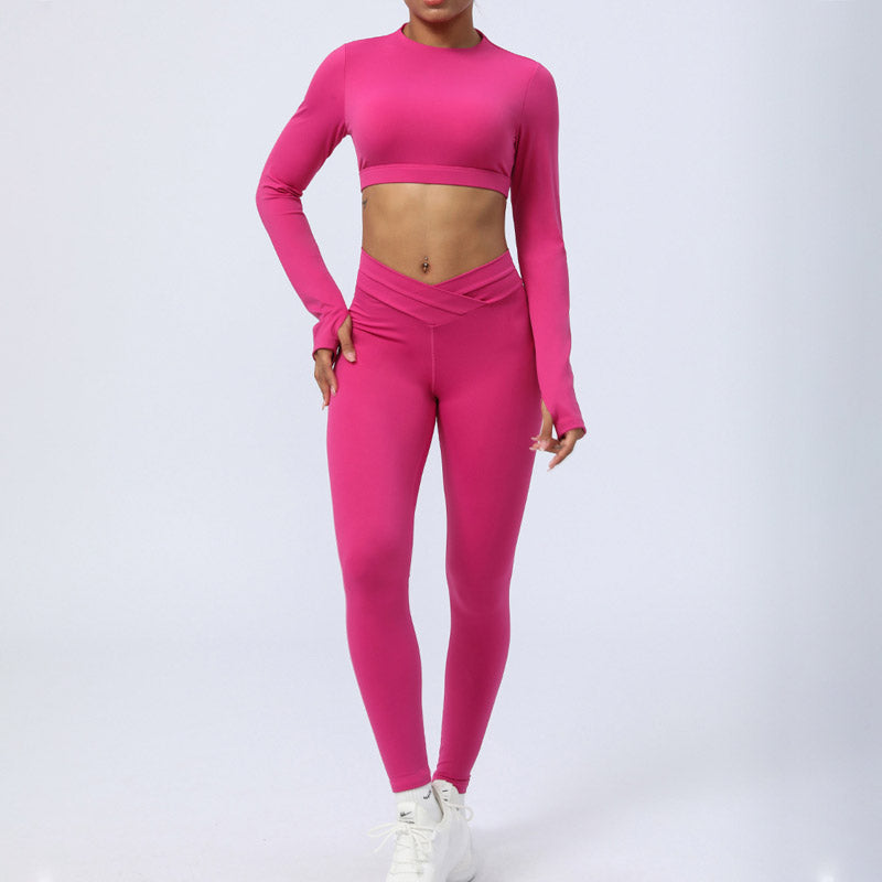 2Pcs Long Sleeve Backless Top Bra Leggings Pants Fitness Yoga Outfit Set