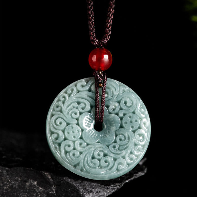 Green Jade Flower Carved Peace Buckle Abundance Necklace Pendant