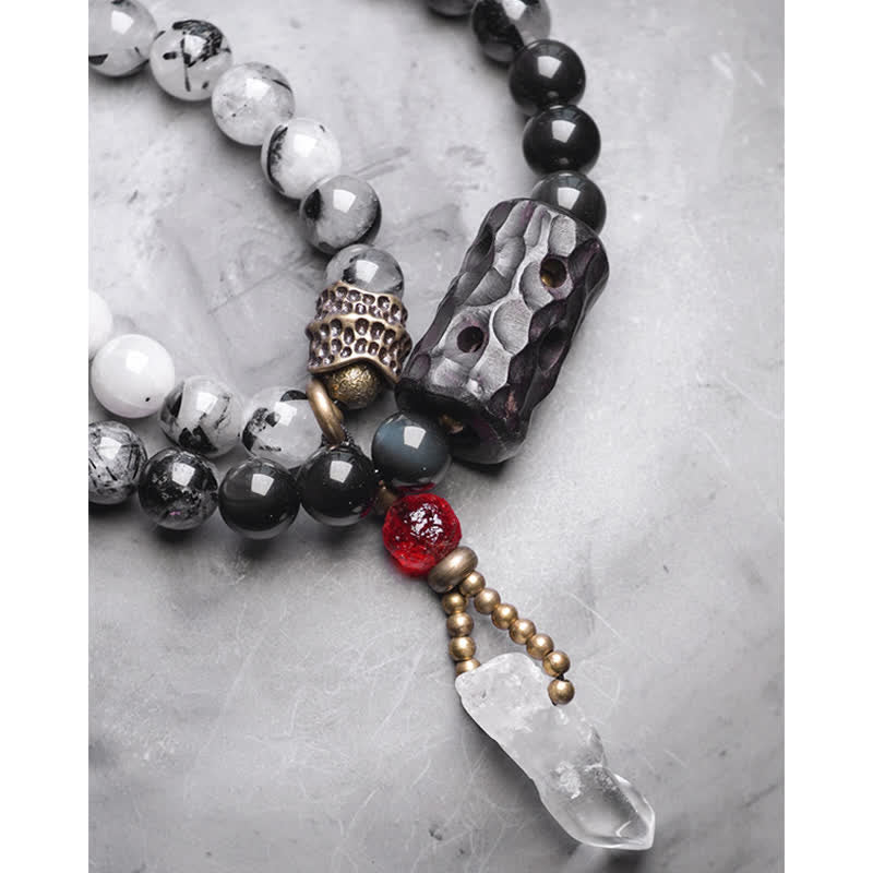 Black Rutilated Quartz, Ebony Wood, Obsidian & Clear Quartz Copper Couple Bracelet