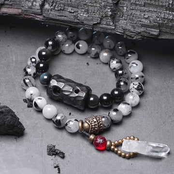 Black Rutilated Quartz, Ebony Wood, Obsidian & Clear Quartz Copper Couple Bracelet