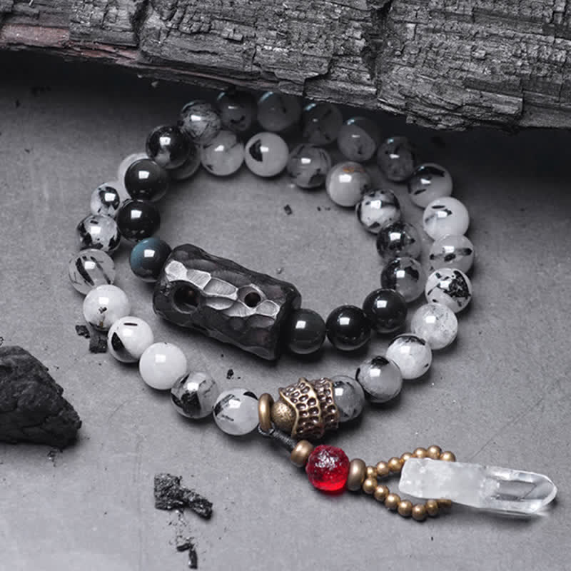Black Rutilated Quartz, Ebony Wood, Obsidian & Clear Quartz Copper Couple Bracelet