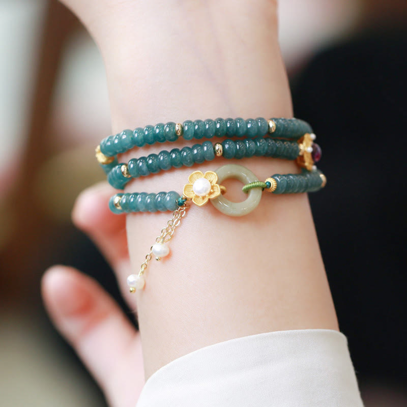 925 Sterling Silver Gold Plated Cyan Jade Flower Peace Buckle Success Triple Wrap Bracelet