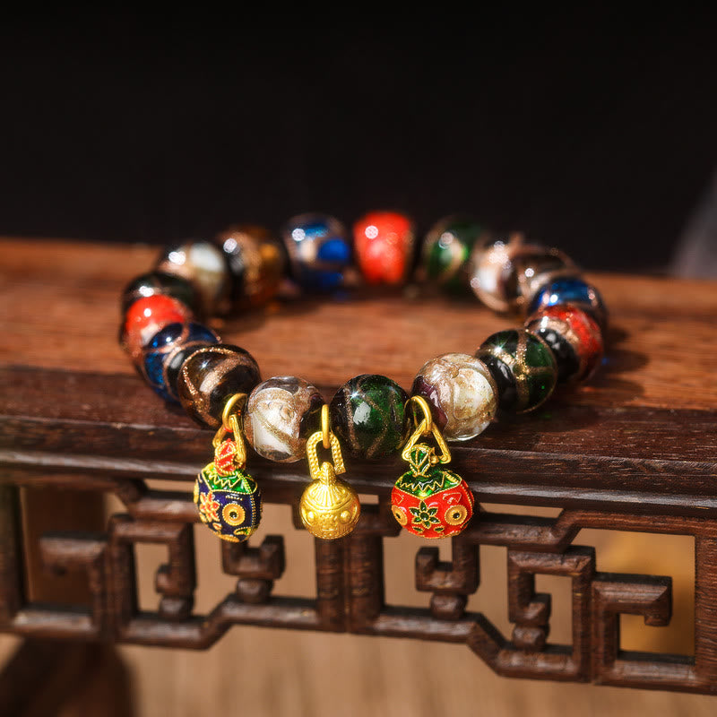 Five Elements Gold Swallowing Beast Family Charm Liuli Glass Bead Luck Bracelet