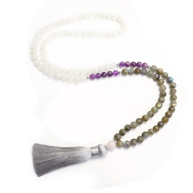 108 Mala Beads White Agate Amethyst Black Glitter Stone Protection Bracelet (Extra 35% Off | USE CODE: FS35)