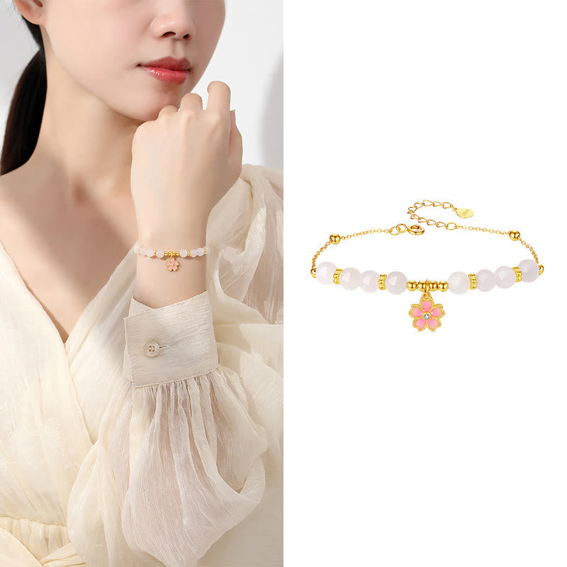 925 Sterling Silver Hetian White Jade Cherry Blossom Zircon Chain Bracelet