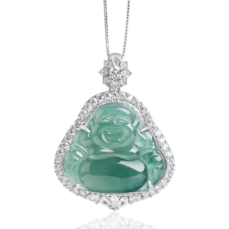 925 Sterling Silver Laughing Buddha Natural Jade Luck Abundance Chain Necklace Pendant