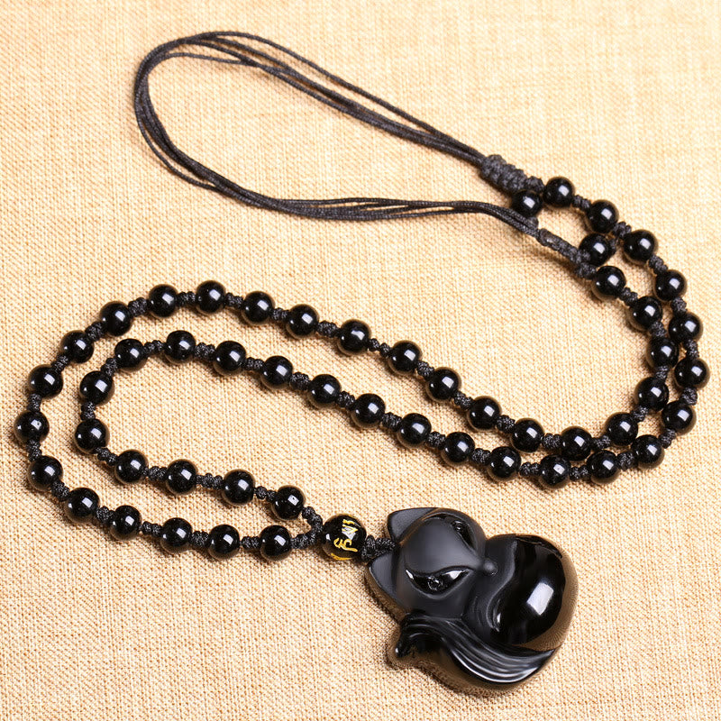 Natural Black Obsidian Tiger Eye Ice Obsidian Fox Pendant Amulet Necklace