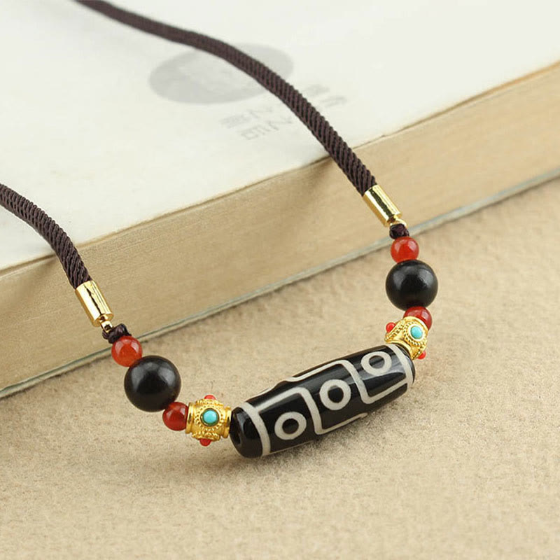Tibetan Nine-Eye Dzi Bead Protection Blessings String Necklace Pendant
