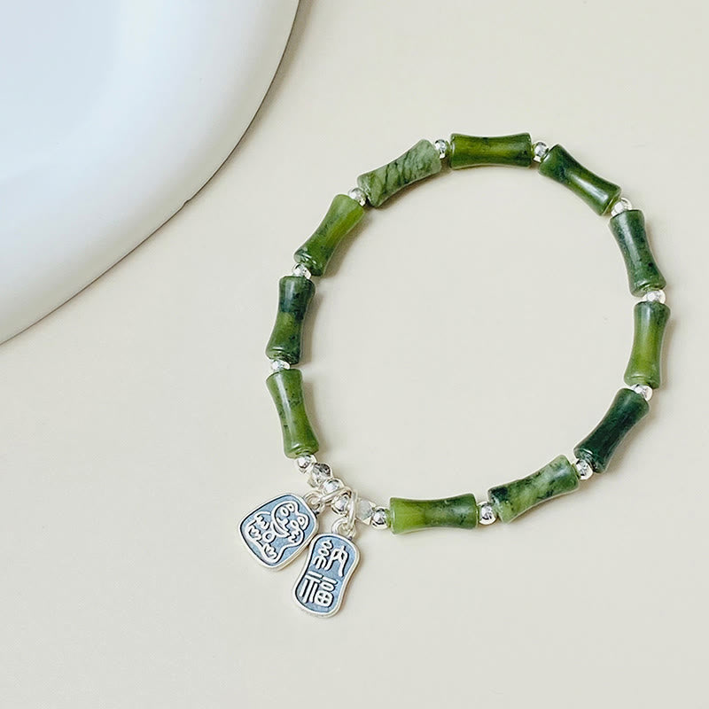 925 Sterling Silver Bamboo Jade Lucky Cat Fu Character Luck Abundance Bracelet