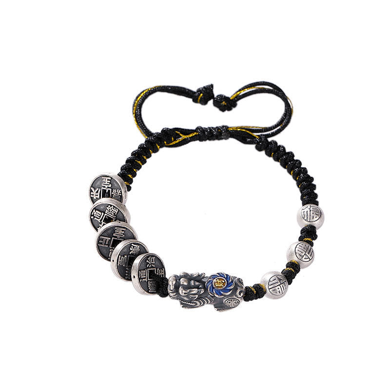 Handmade 999 Fine Silver Pixiu and Copper Coin Fu Character Braided Bracelet