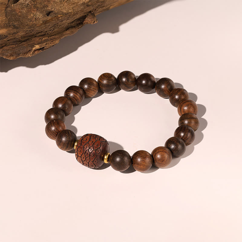 Hand-Carved Rosewood & Jade Turquoise Copper Auspicious Clouds Fu Symbol Bracelet