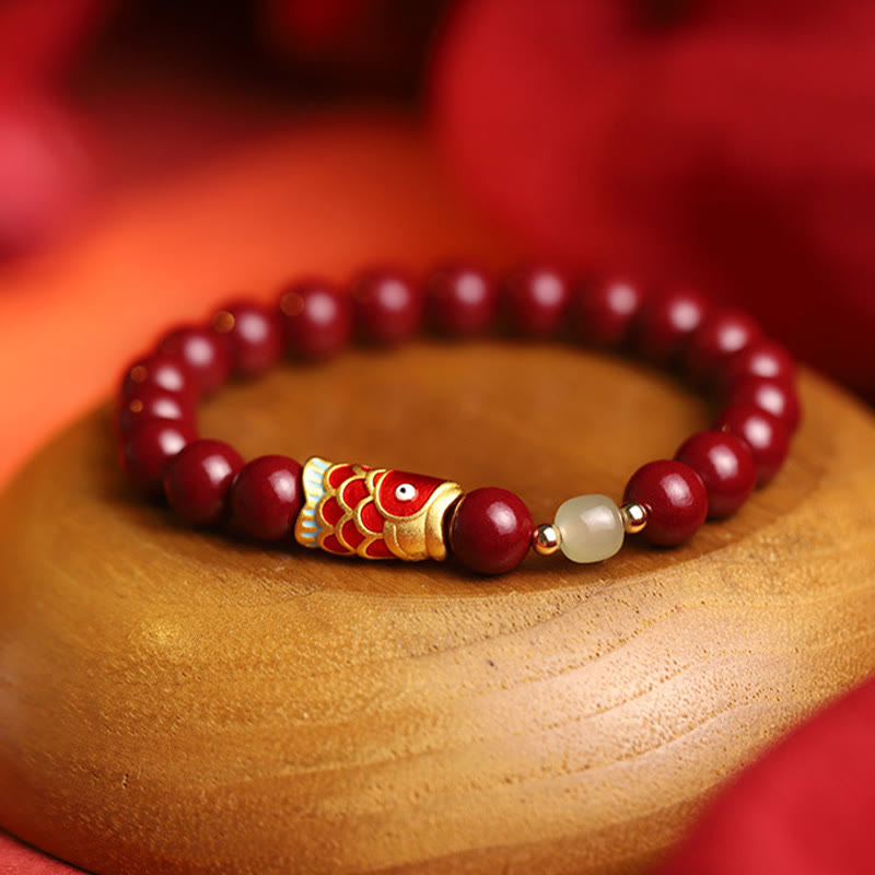 Natural Cinnabar & Hetian Jade Bead Bracelet with Koi Fish Symbol