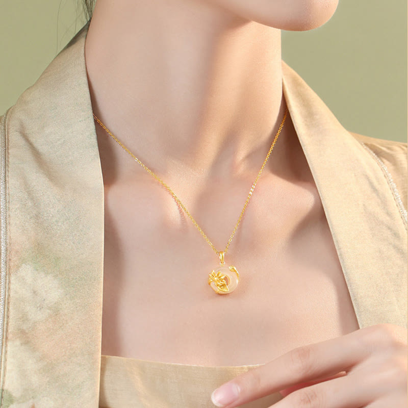 Natural White Chalcedony Peace Buckle Lotus Pendant S925 Sterling Silver Necklace