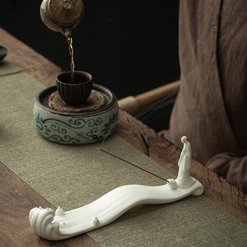 Minimalist Ceramic Monk Sea Wave and Mountain Landscape Incense Burner