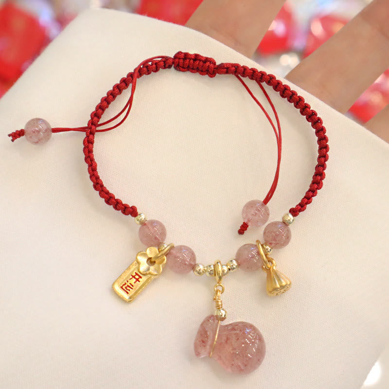 Natural Strawberry Quartz Money Bag Lotus Healing Charm Red String Braided Bracelet