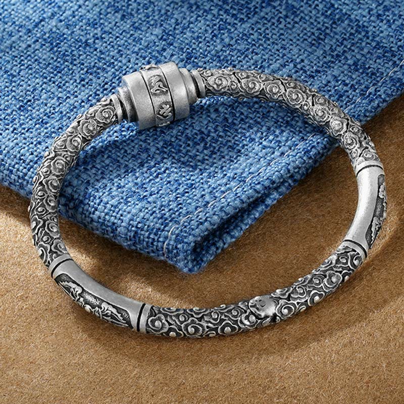 990 Fine Silver Tibetan Om Mani Padme Hum Engraved Auspicious Clouds Bangle