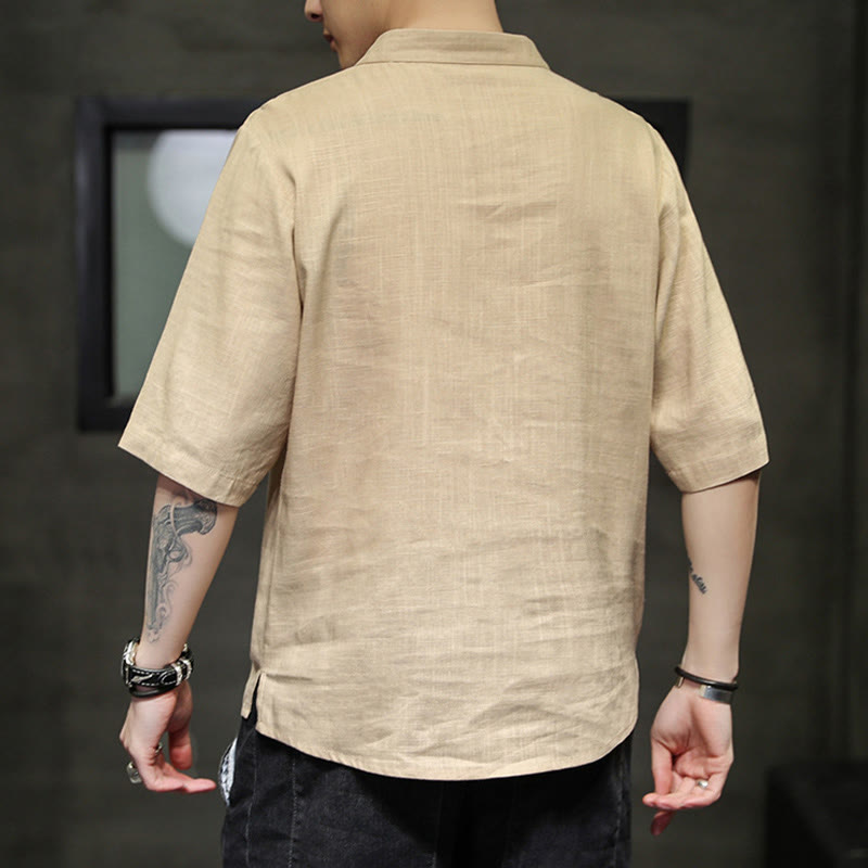 Frog-Button Phoenix Embroidery Chinese Tang Suit Short Sleeve Shirt Cotton Linen Men Clothing
