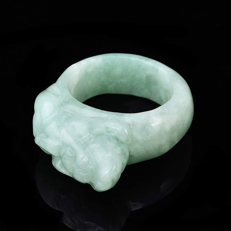 Hand-Carved Natural Green Jade Pixiu Artisan Band Ring