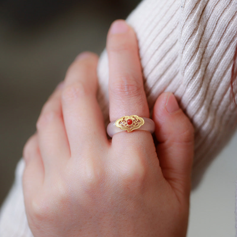 White Agate Cyan Jade Turquoise Red Agate Luck Protection Ring