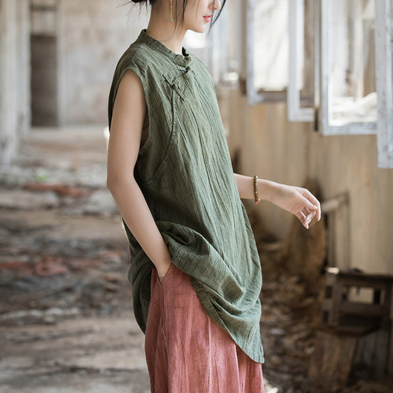 Handmade Tie Dye Ramie Linen Frog-Button Sleeveless Vest