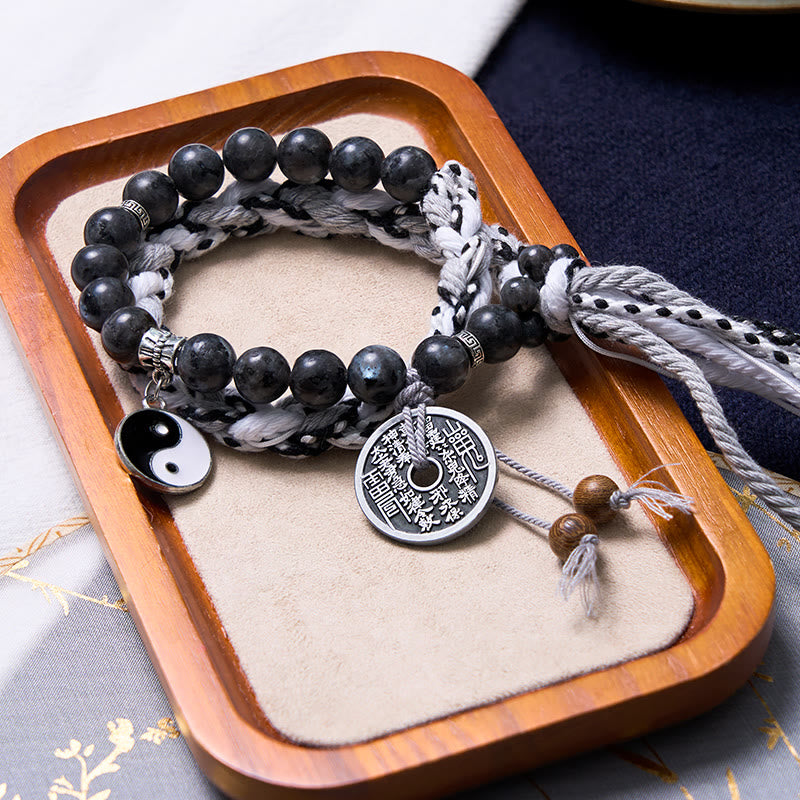 Mountain Ghost Coin & Yin Yang Bagua Rune Double Layer Rope Bracelet