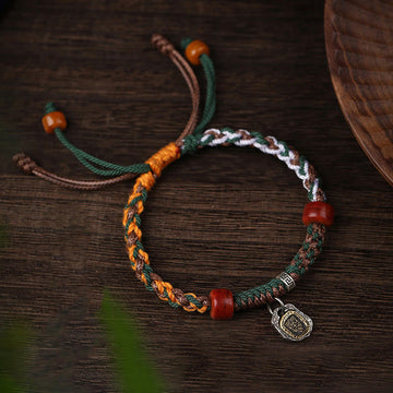 Handmade Tibetan Silver 925 Sterling Silver Zakiram Goddess of Wealth Camel Bone Protection Braided Bracelet