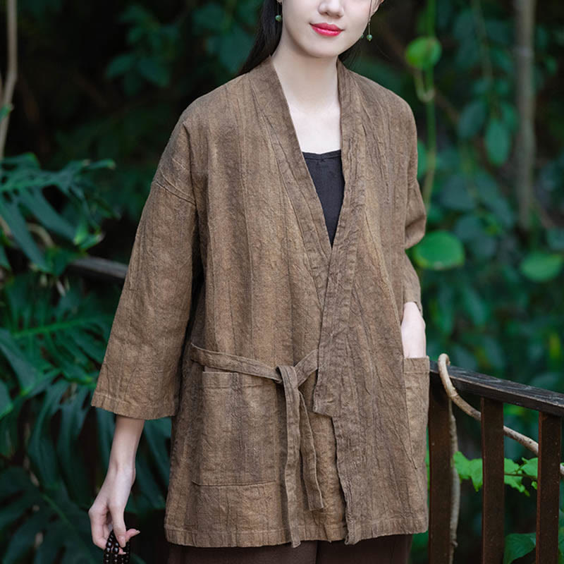Hanfu Design Three Quarter Sleeve Ramie Linen Coat Open Front Top Jacket
