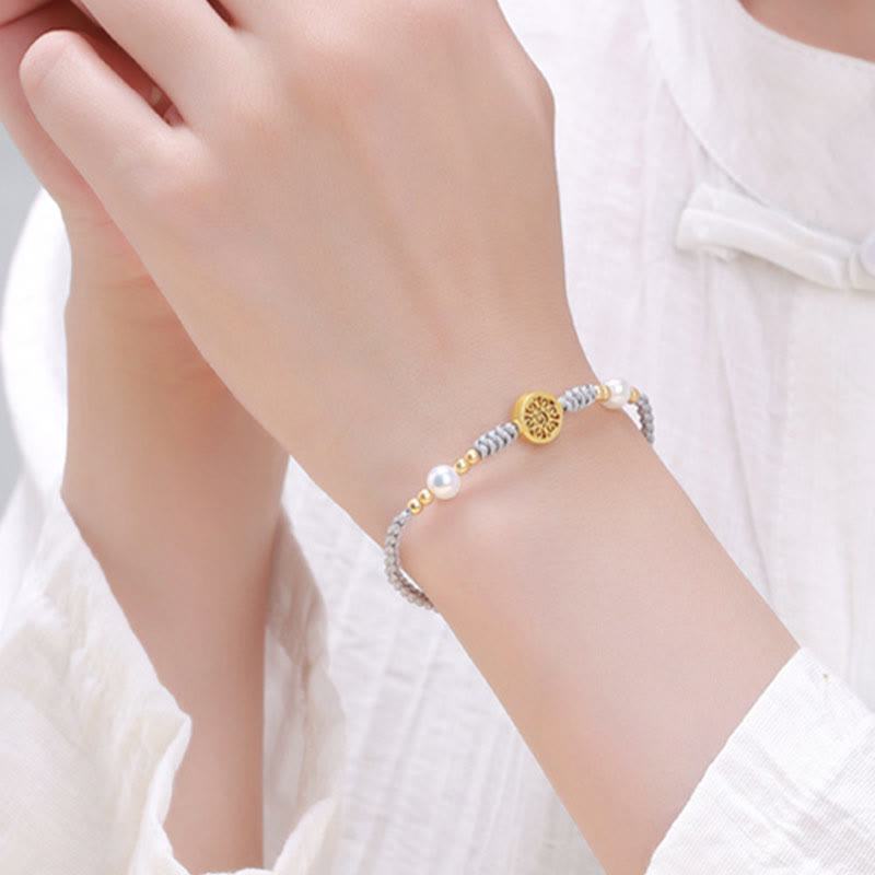 Handcrafted Blue Braided Rope Bracelet with Pearl, Copper Coin & Tree of Life