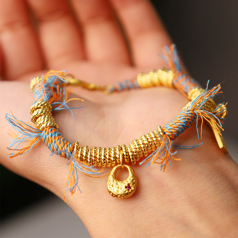 Handmade Tibetan Multicolored Rope Braid Bracelet with Red String & Copper