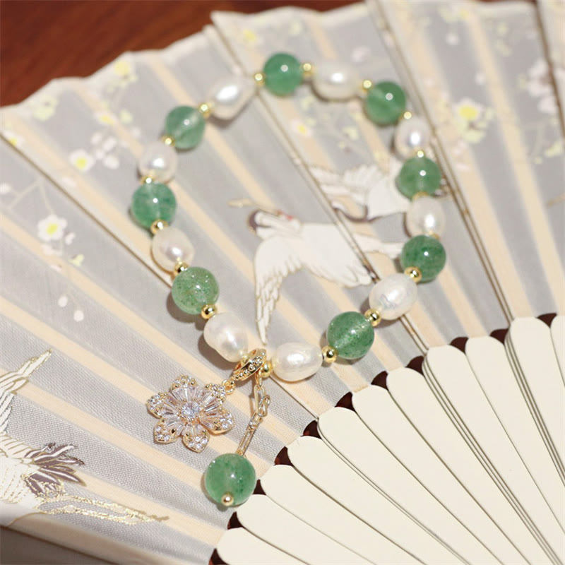 Handcrafted Green Strawberry Quartz and Pearl Flower Charm Gold Accent Bracelet