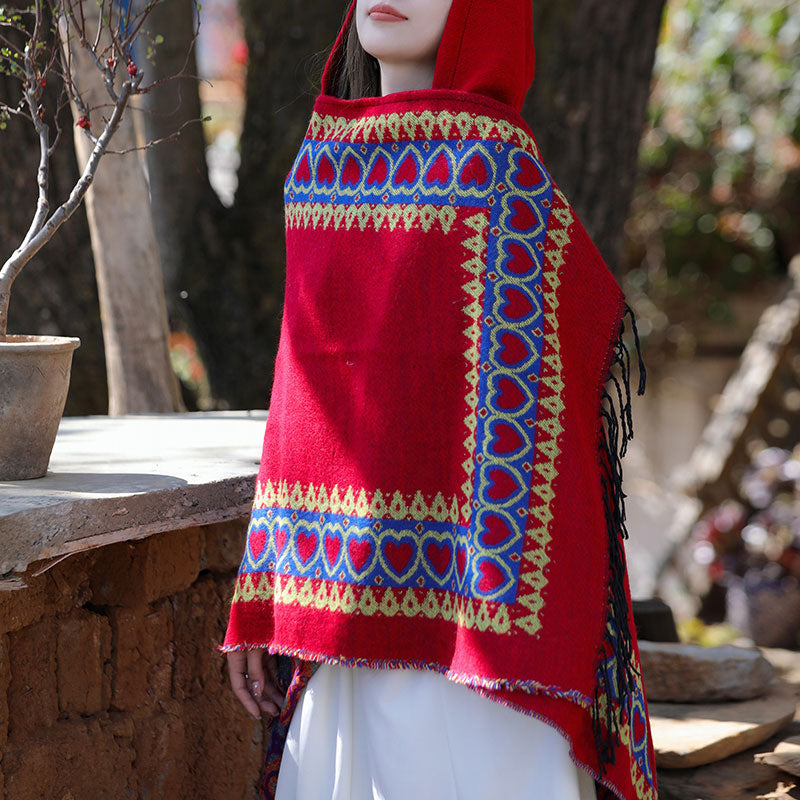Tibetan Shawl Red Love Heart Tassel Hooded Cloak Winter Cozy Travel Scarf Wrap
