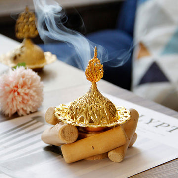 Mini Gold Alloy Buddha Incense Burner with Protective Wooden Coaster