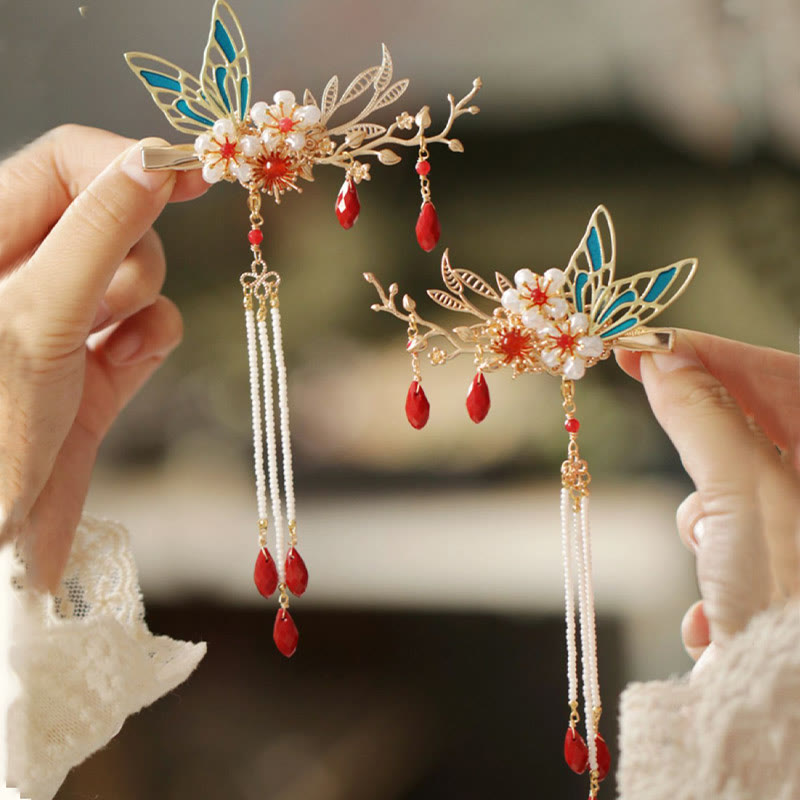 Classical Chinese Style Flower Branche Butterfly Pearl Tassel Hair Clip Hair Comb Hair Crown