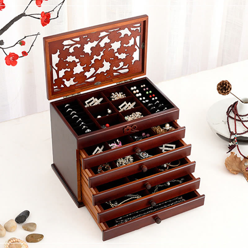 Vintage Plum Blossom Carved Wooden Jewelry Box Six-Layer Jewelry Storage Box