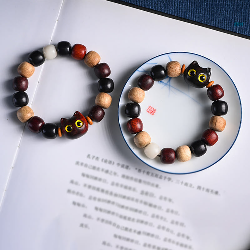 Cute Cat Engraved Sandalwood & Ebony Wood Energy Bracelet